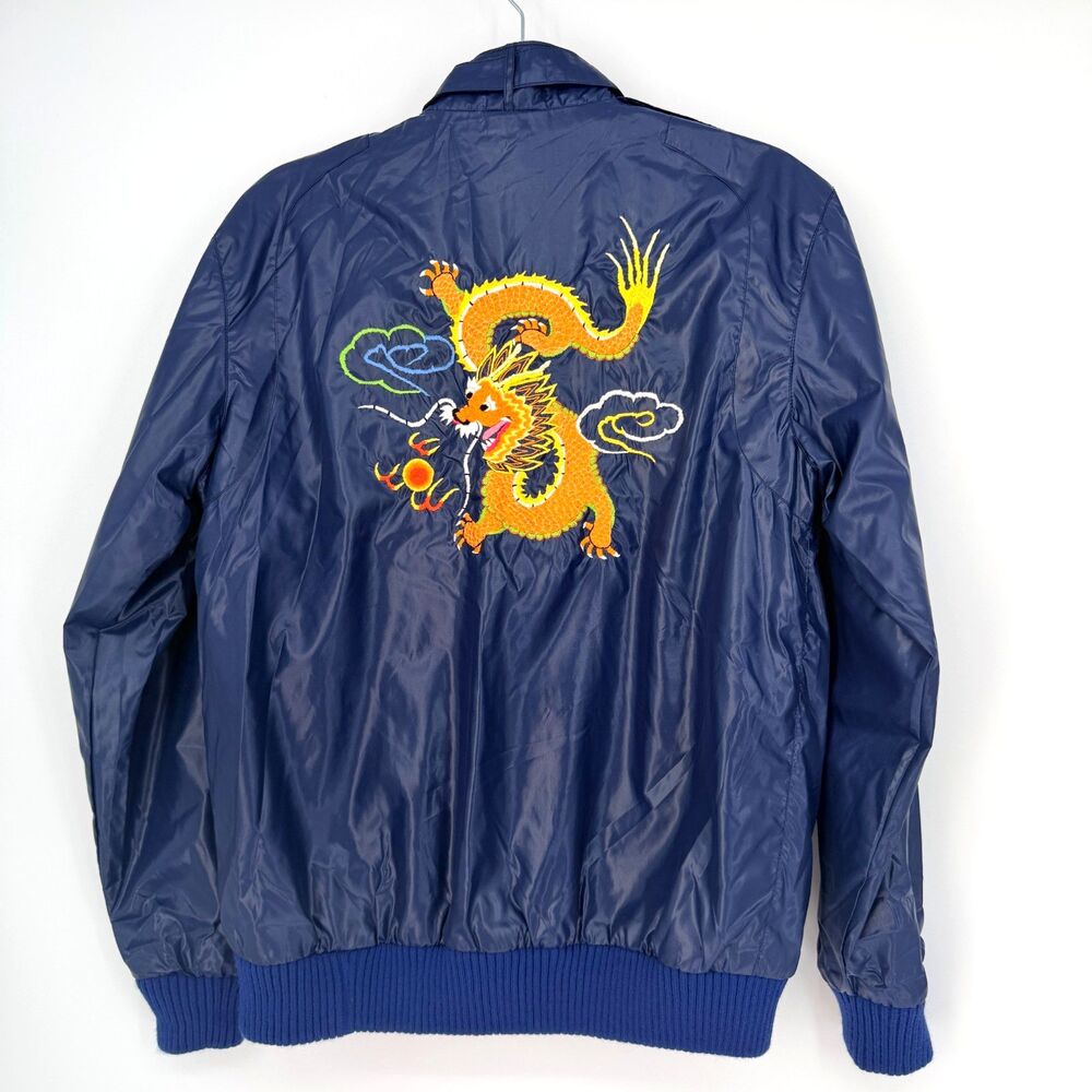 Vintage 80s Lyre Bird Sukajan Nylon Bomber Jacket Dragon Embroidered Blue Size M
